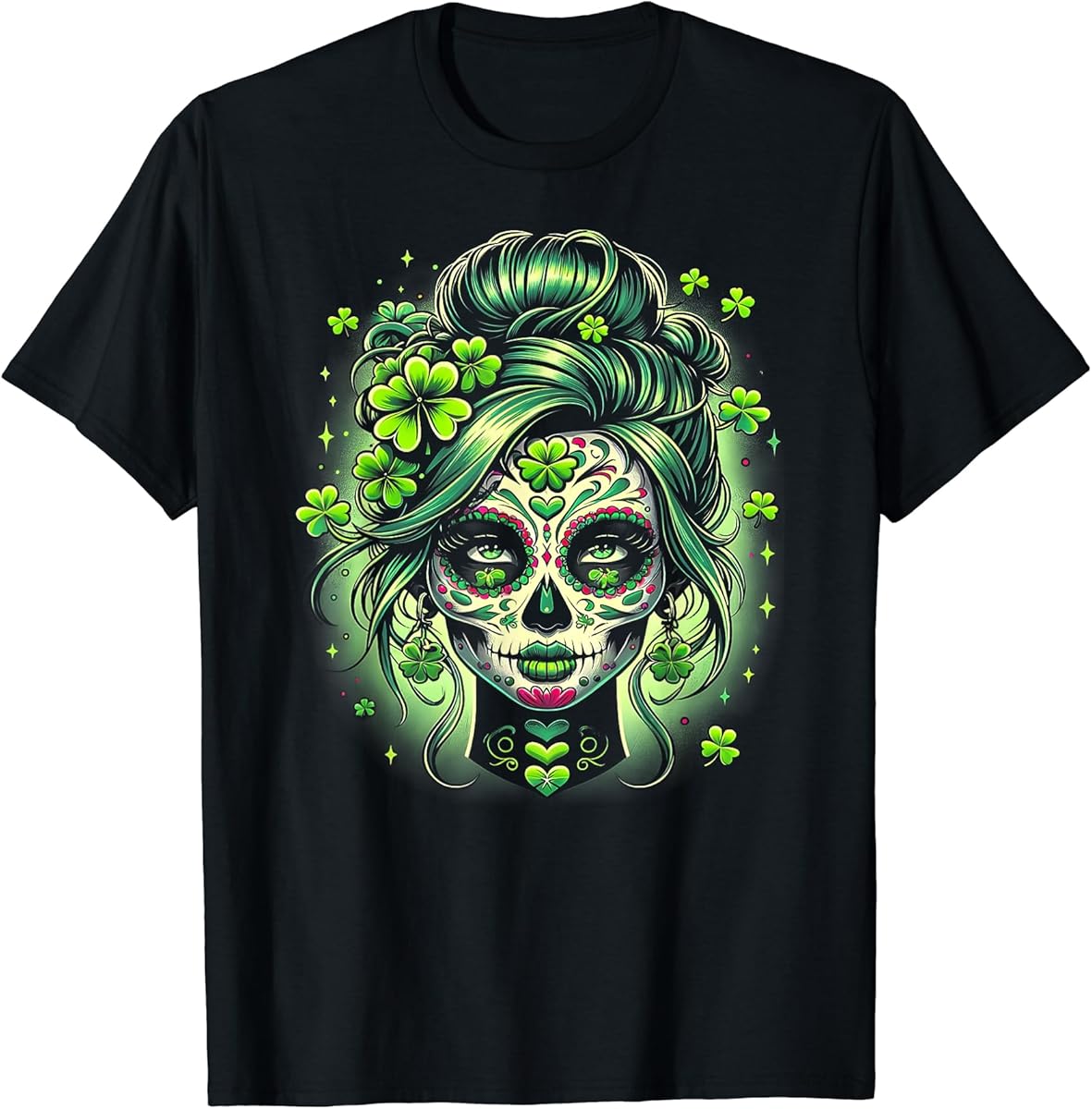st patricks day sugar skull messy bun irish shamrock green t shirt skuid 1341846 item